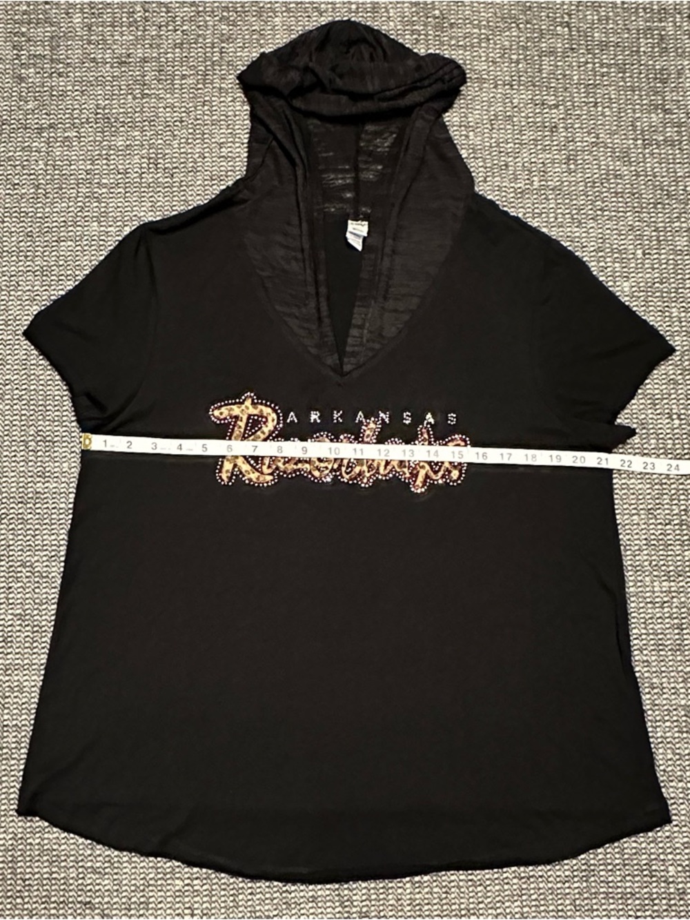 Arkansas Razorbacks Black Short-Sleeve Hooded V-Neck Tee with Rhinestone Script - Picture 4 of 5